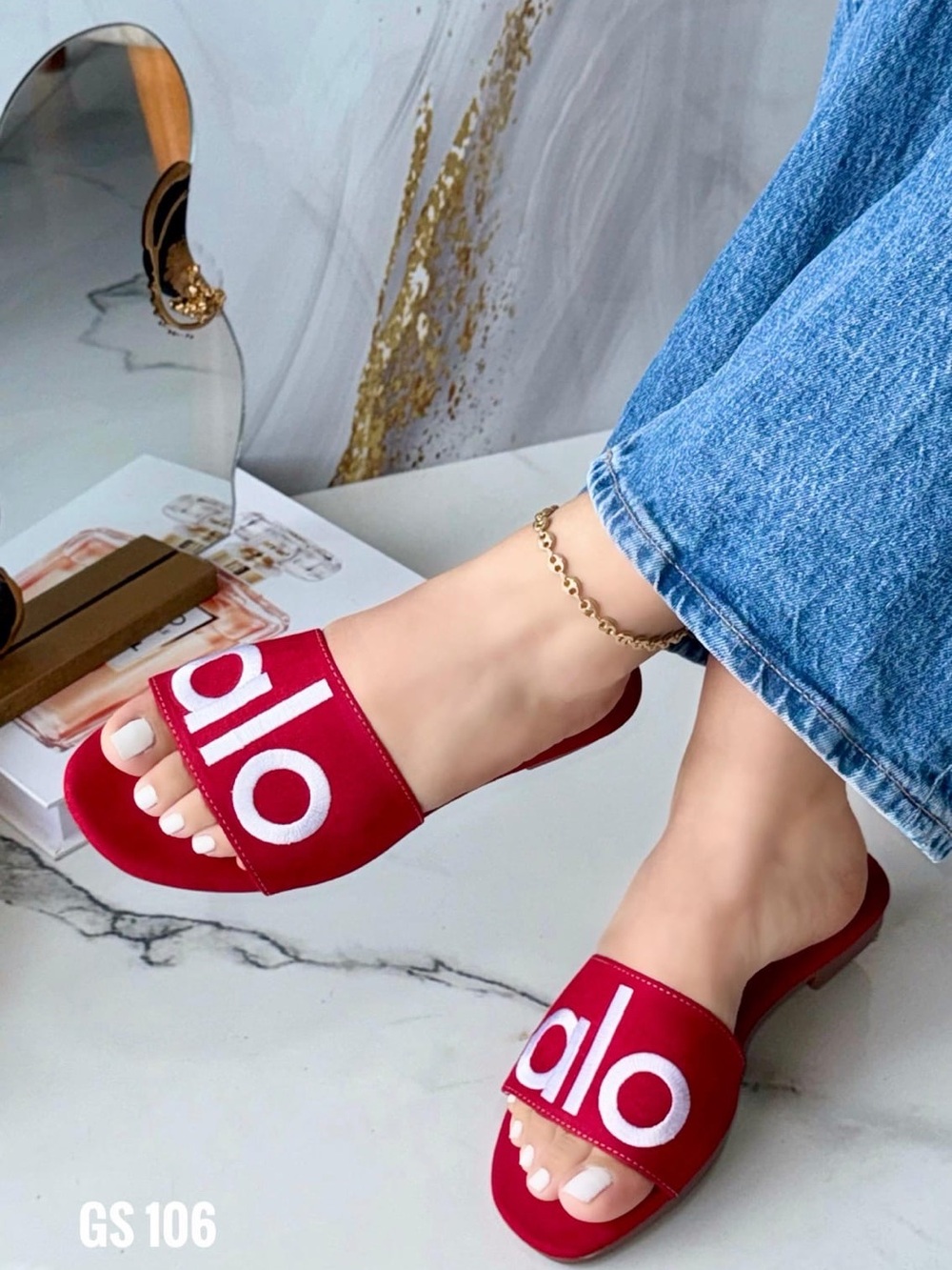 ALO Yoga Women’s Red Slide Sandals with White Logo